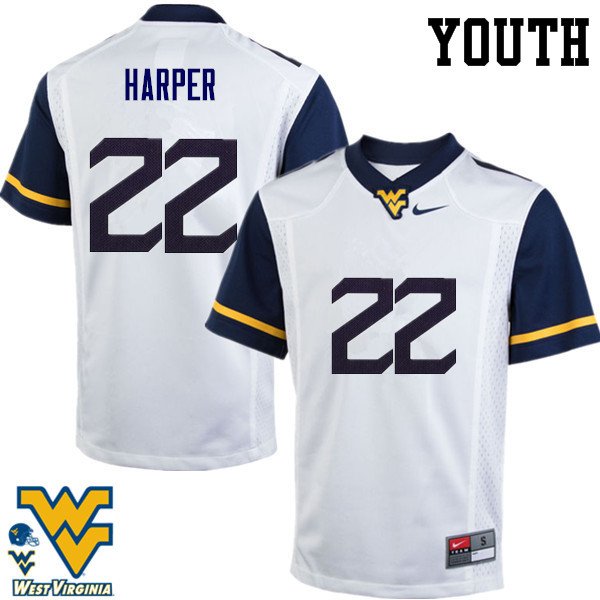 Youth #22 Jarrod Harper West Virginia Mountaineers College Football Jerseys-White - Click Image to Close